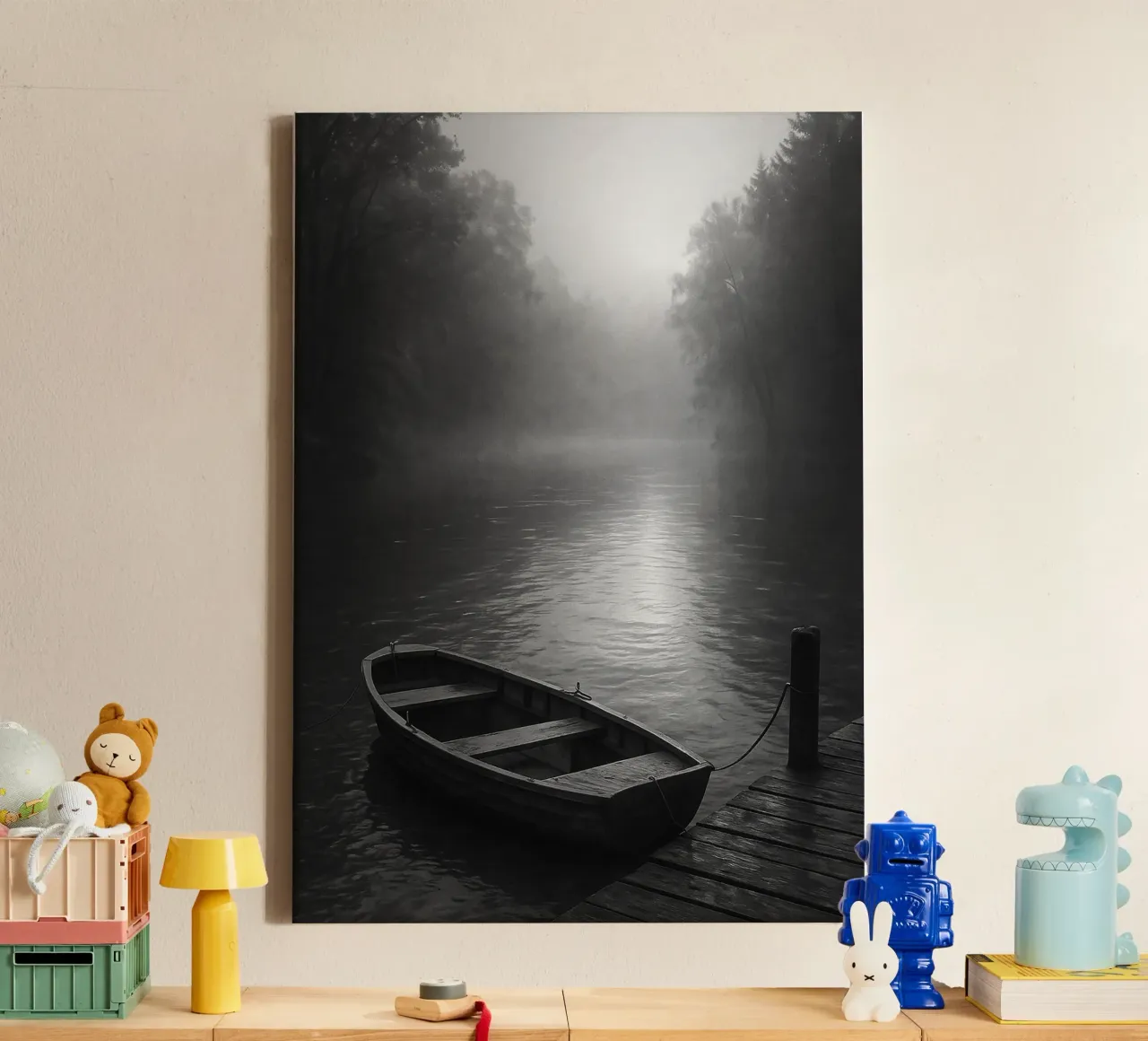 canoa parcheggiata al molo del fiume fotografia in bianco e nero tela con Cornice a cassetta da roosses