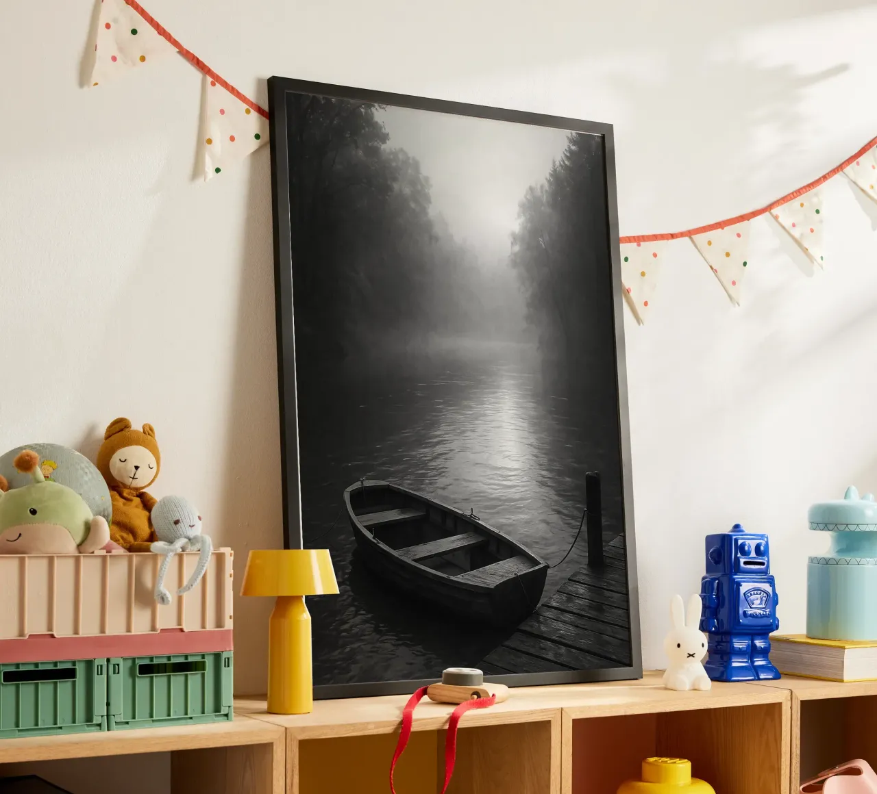 canoa parcheggiata al molo del fiume fotografia in bianco e nero poster da roosses