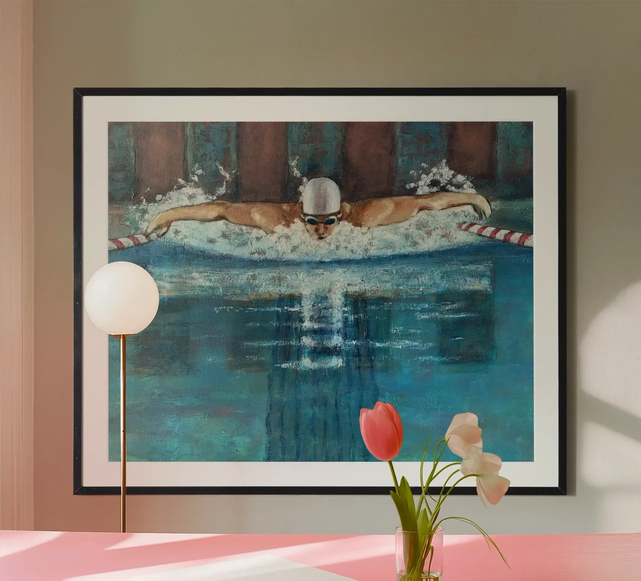 Nuotatore di delfini poster con telaio in legno da Wallace