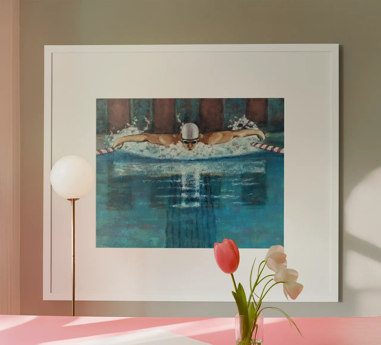 Nuotatore di delfini poster con telaio in legno da Wallace