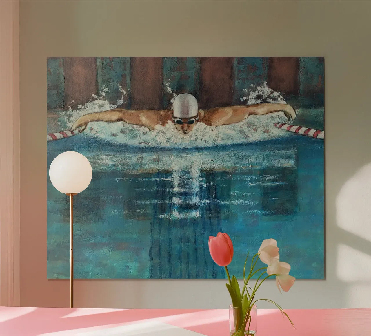 Nuotatore di delfini poster con telaio in legno da Wallace