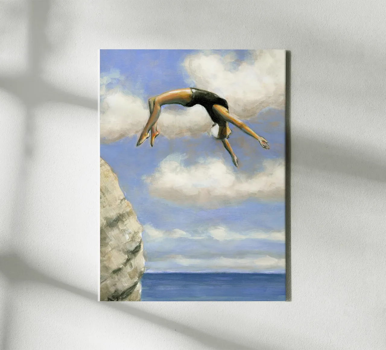 Tauchen von einem Felsen Leinwand mit Schattenfugenrahmen von Wallace