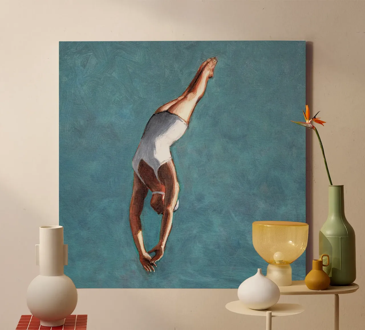 High Diver in Aqua Sky tela con Cornice a cassetta da Wallace