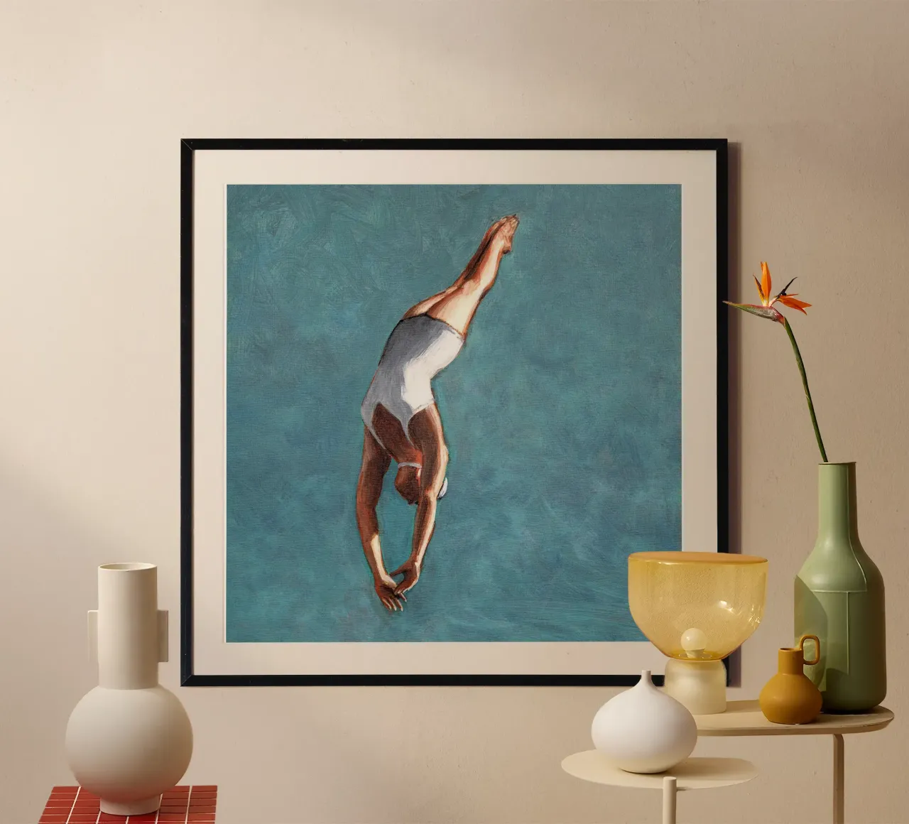 High Diver in Aqua Sky poster con telaio in legno da Wallace