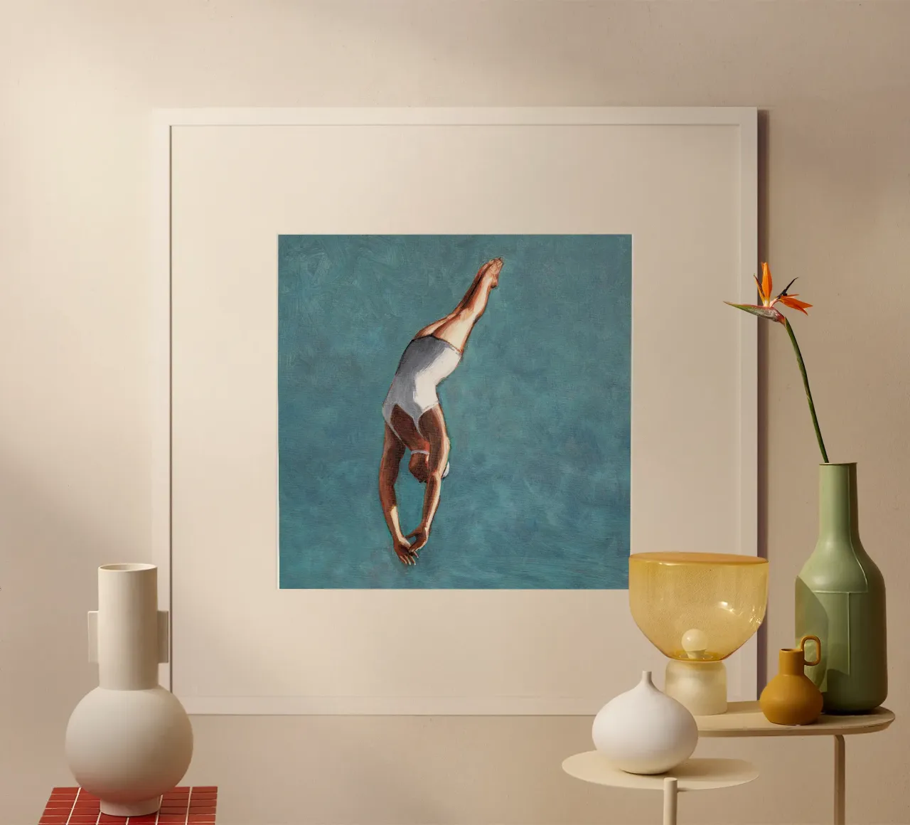 High Diver in Aqua Sky poster con telaio in legno da Wallace