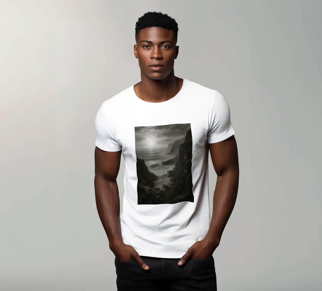 vue de la côte photographie en noir et blanc t-shirt de roosses