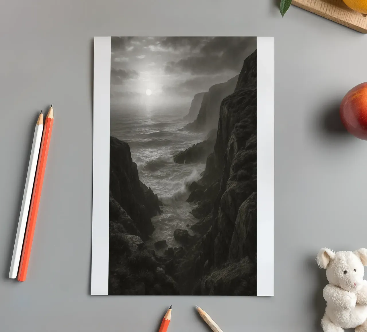 vue de la côte photographie en noir et blanc planche autocollant de roosses