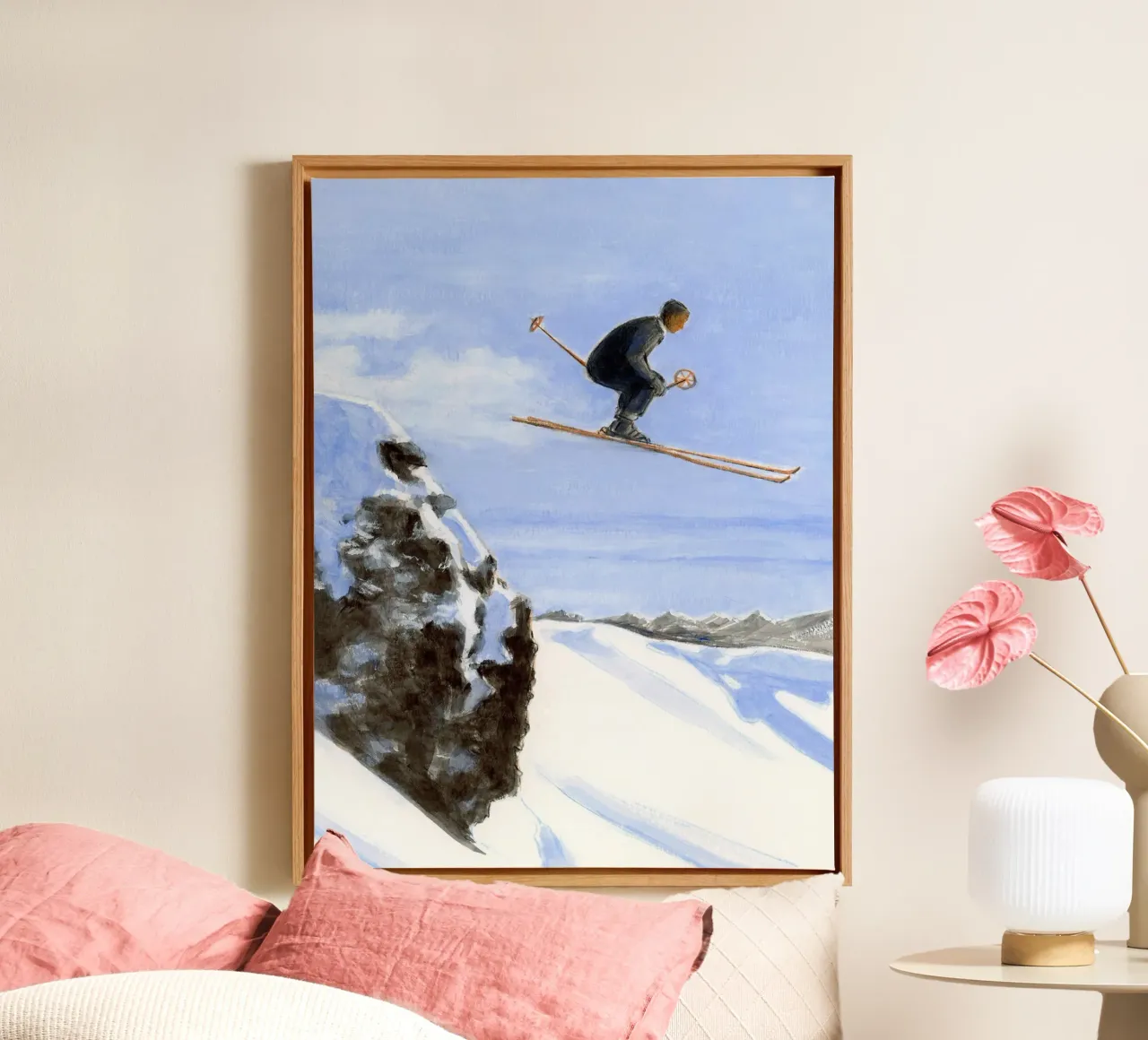 Skifahrer in der Luft Leinwand mit Schattenfugenrahmen von Wallace