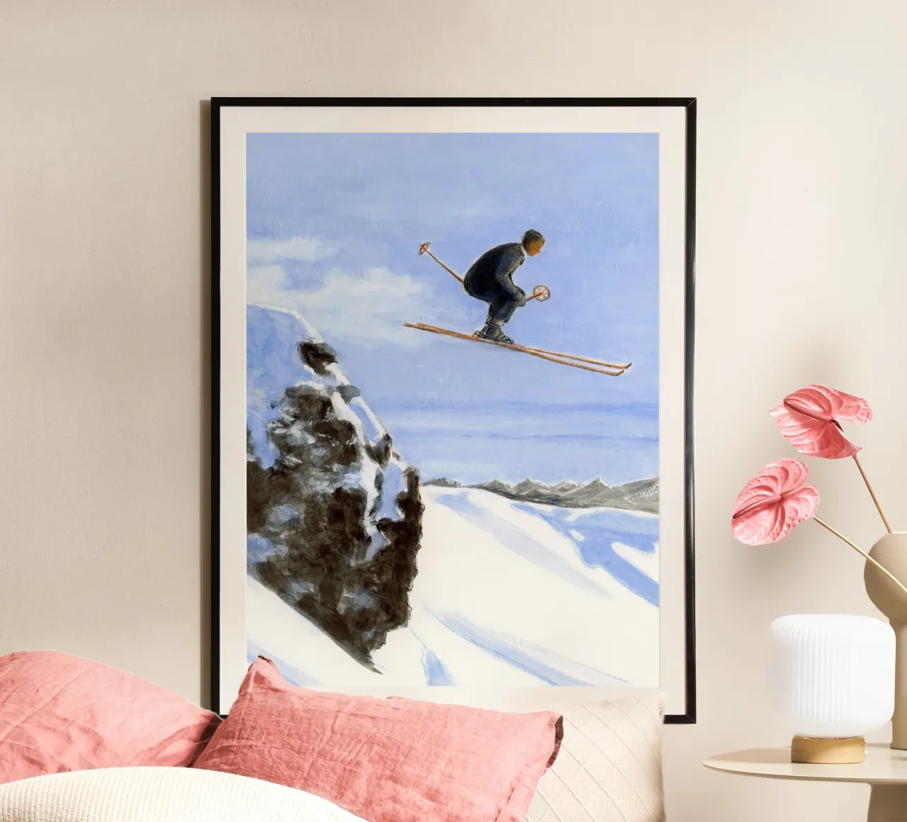 Sciatore in aria poster con telaio in alluminio da Wallace