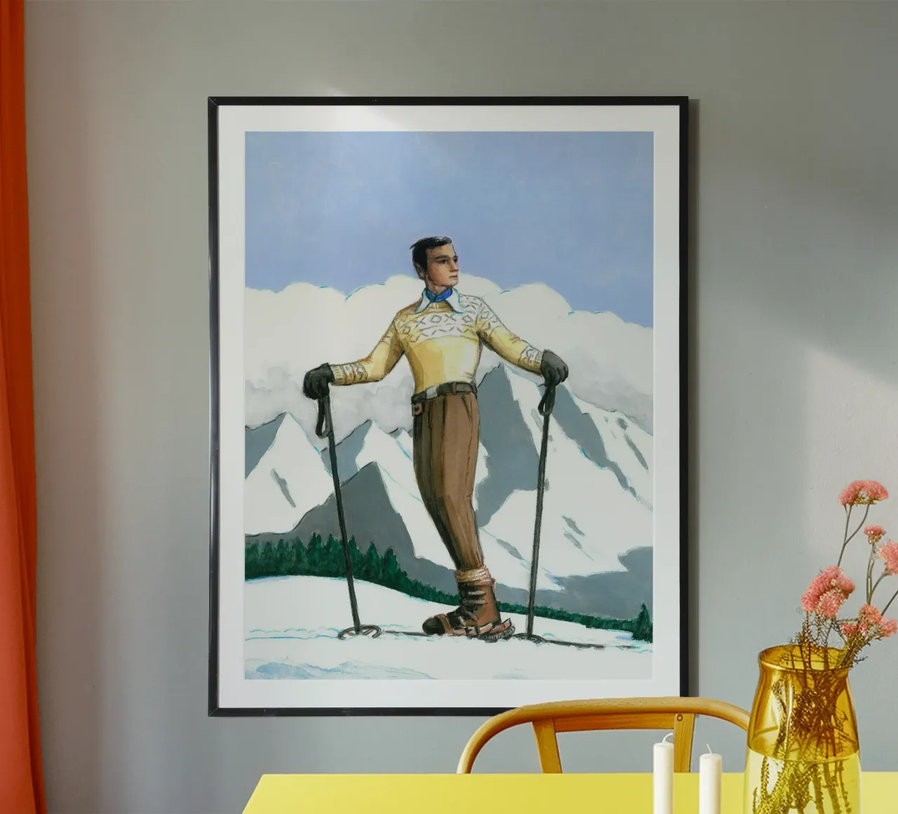 Sciatore in pausa poster con telaio in alluminio da Wallace
