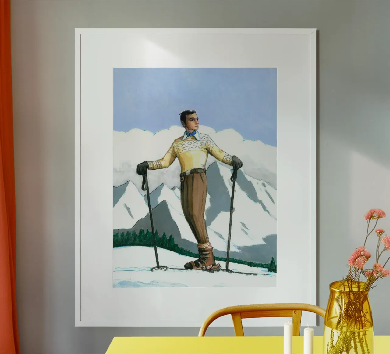 Sciatore in pausa poster con telaio in alluminio da Wallace