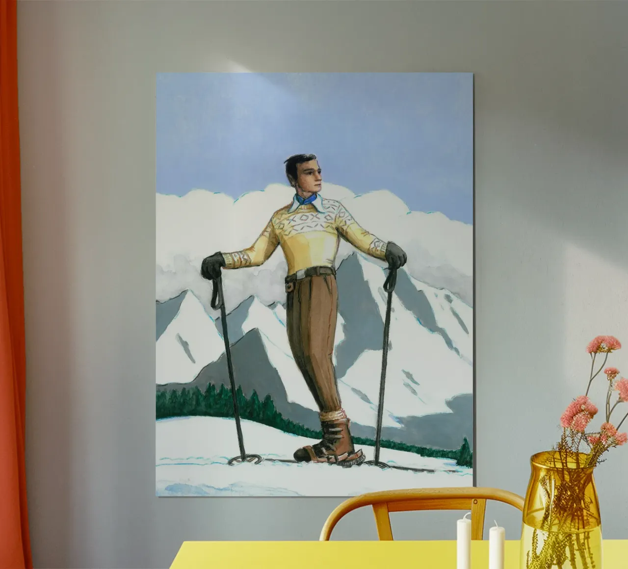 Sciatore in pausa poster con telaio in alluminio da Wallace