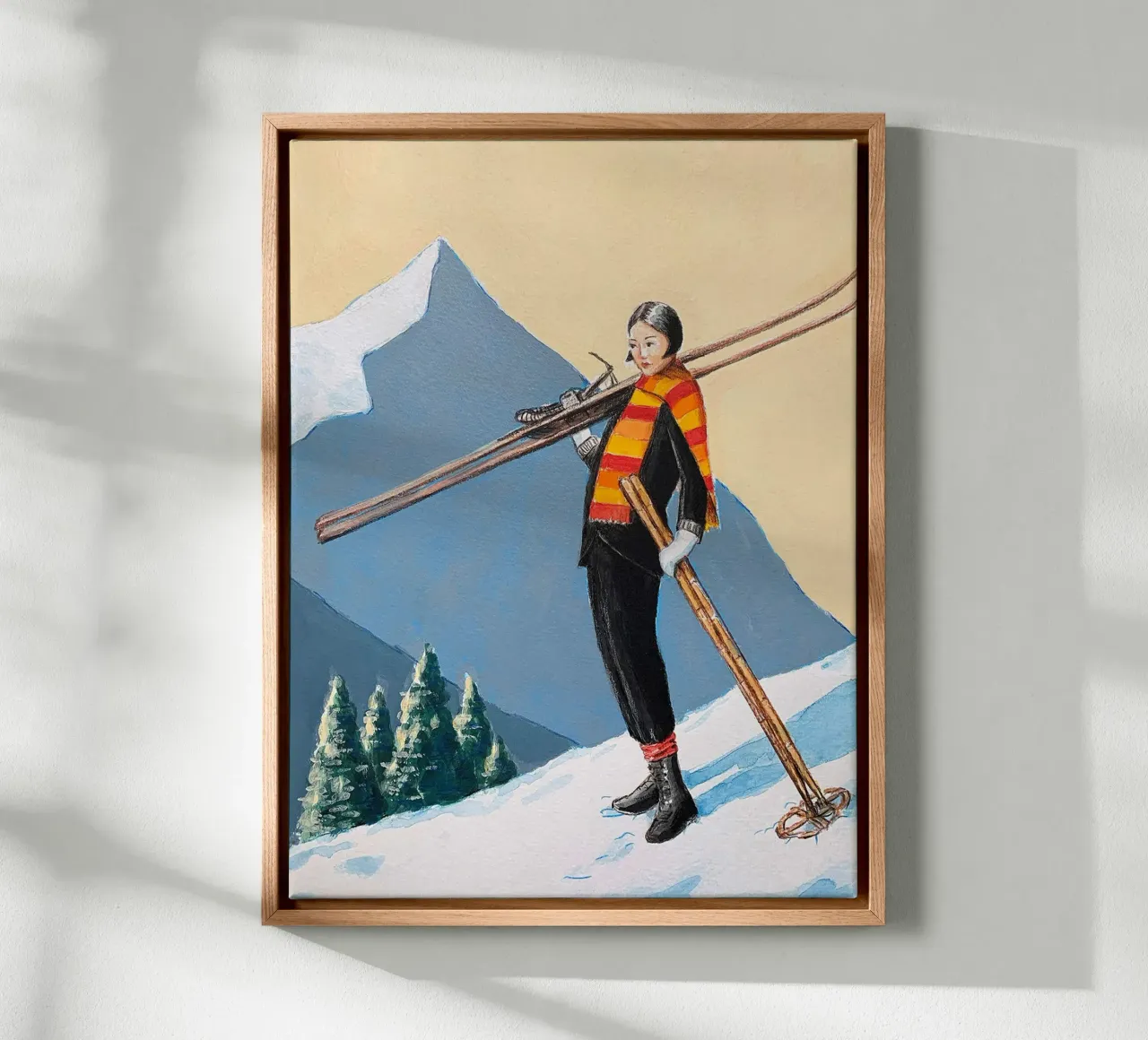 Skieur avec écharpe colorée par Sarah Morrissette toile avec Caisse américaine de Wallace