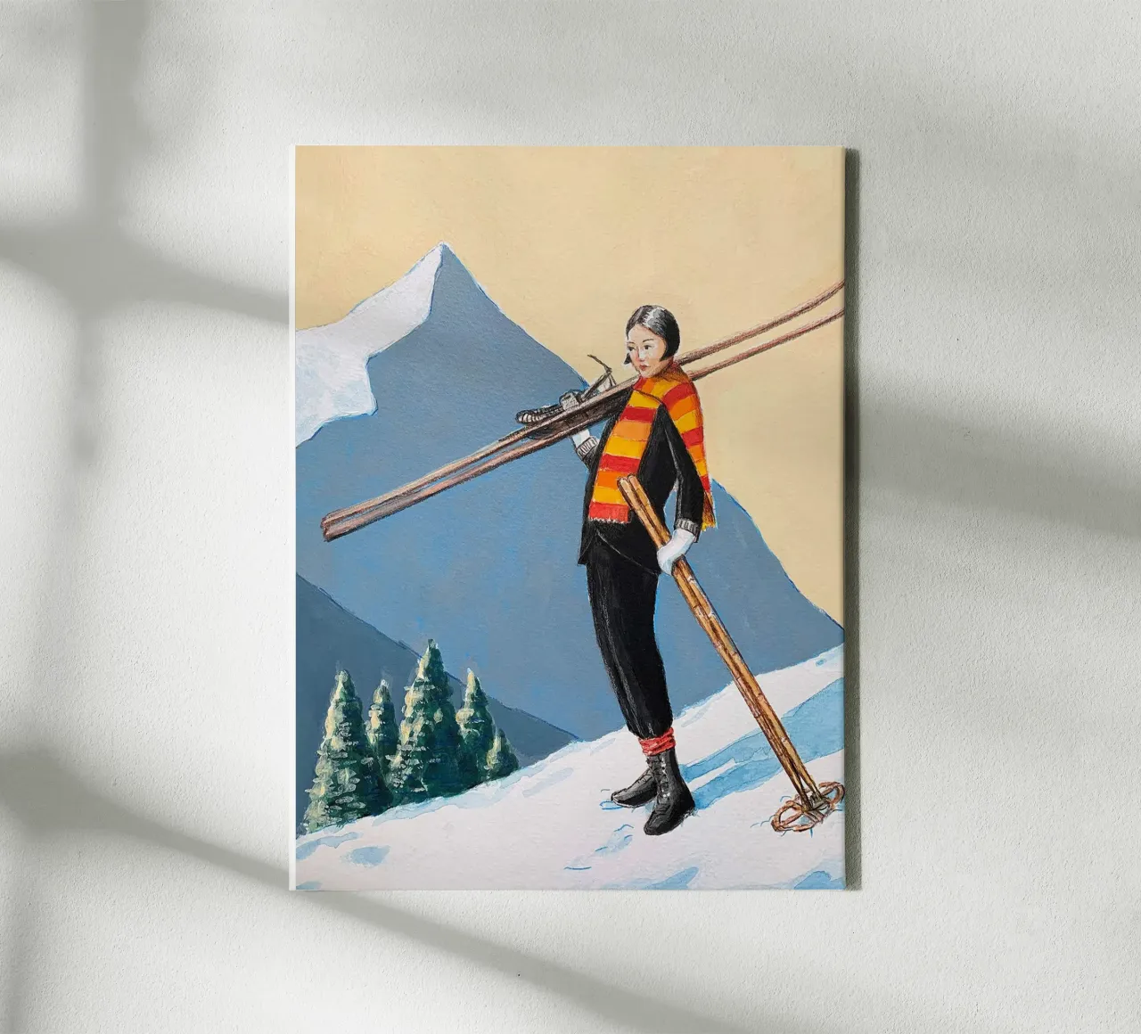 Skieur avec écharpe colorée par Sarah Morrissette toile avec Caisse américaine de Wallace