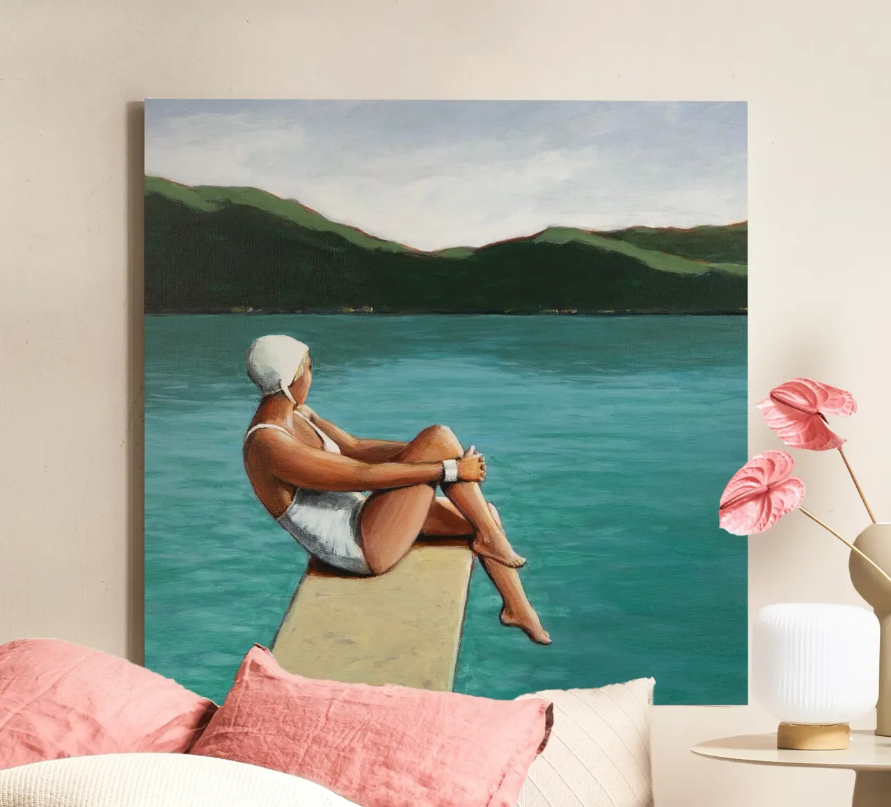 Zwemmer bij meer canvas met Baklijst van Wallace