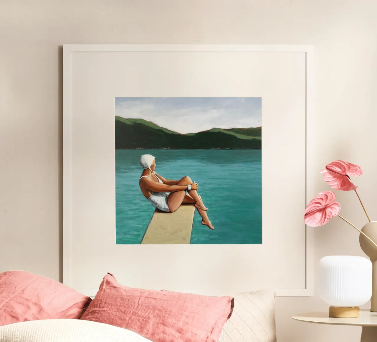Nuotatore al lago poster con telaio in legno da Wallace