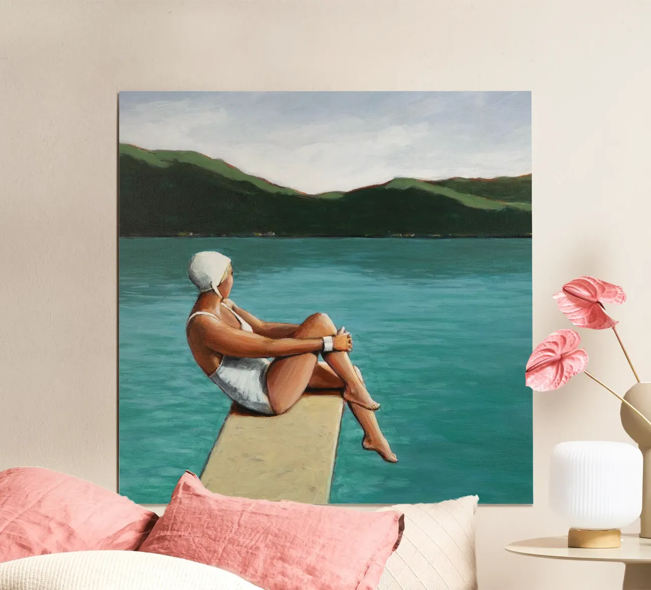 Nuotatore al lago poster con telaio in legno da Wallace