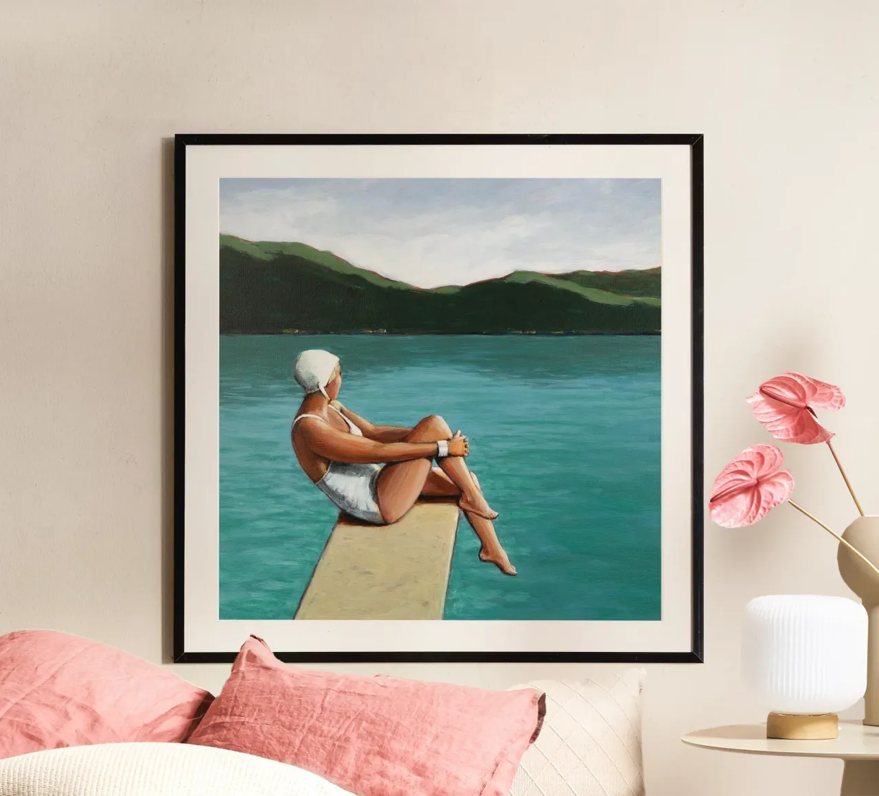 Nuotatore al lago poster con telaio in legno da Wallace