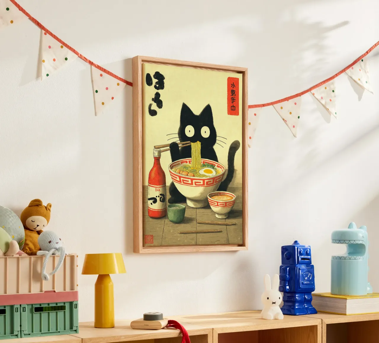 Kawaii zwarte kat die Ramen eet canvas met Baklijst van Cyberpunk Canvas
