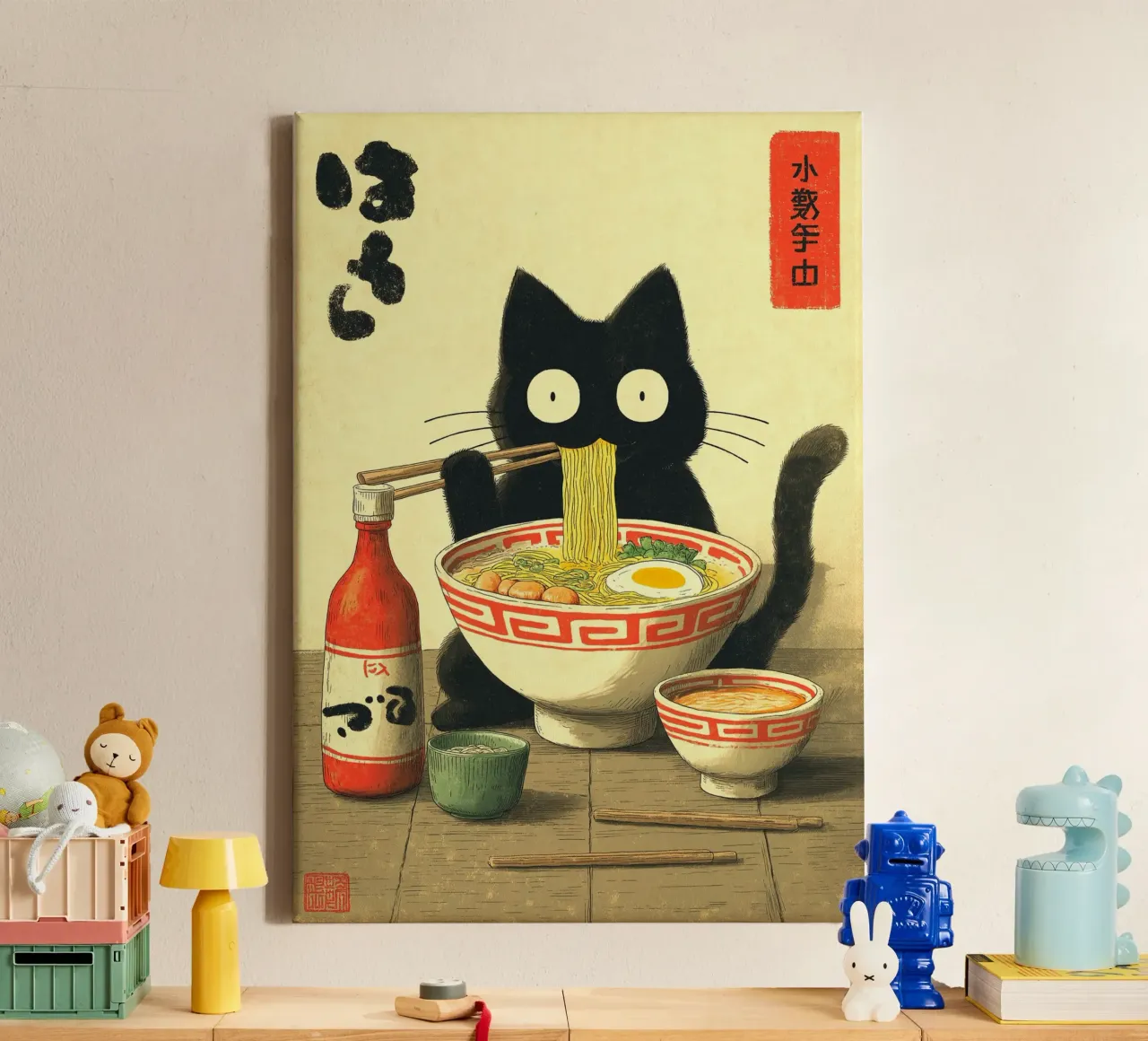 Kawaii zwarte kat die Ramen eet canvas met Baklijst van Cyberpunk Canvas