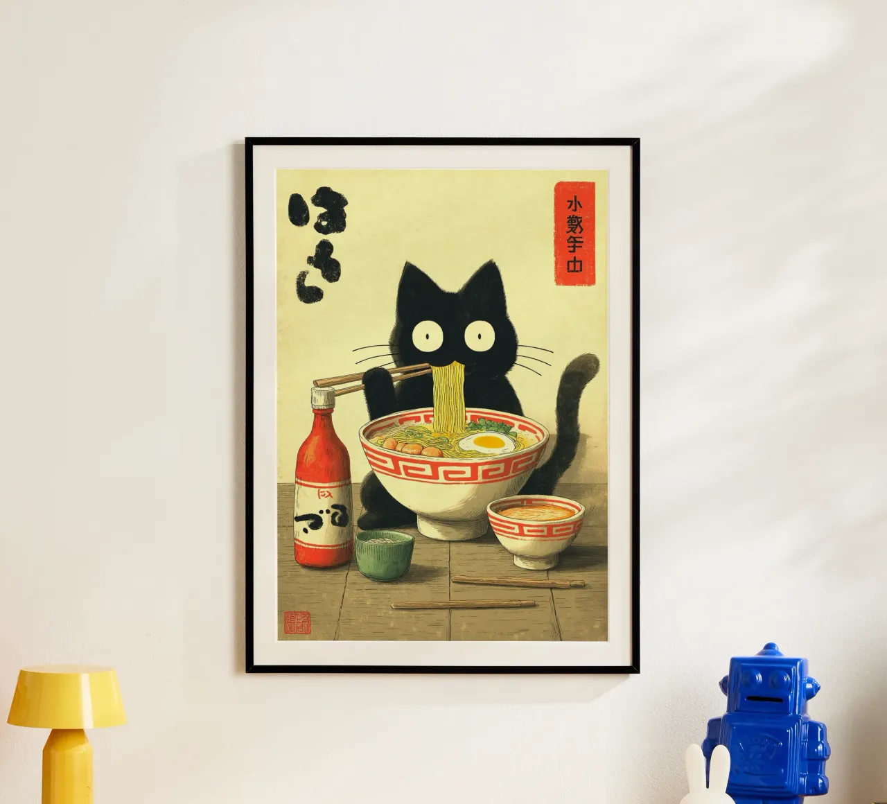 Gatto nero kawaii che mangia ramen poster da Cyberpunk Canvas