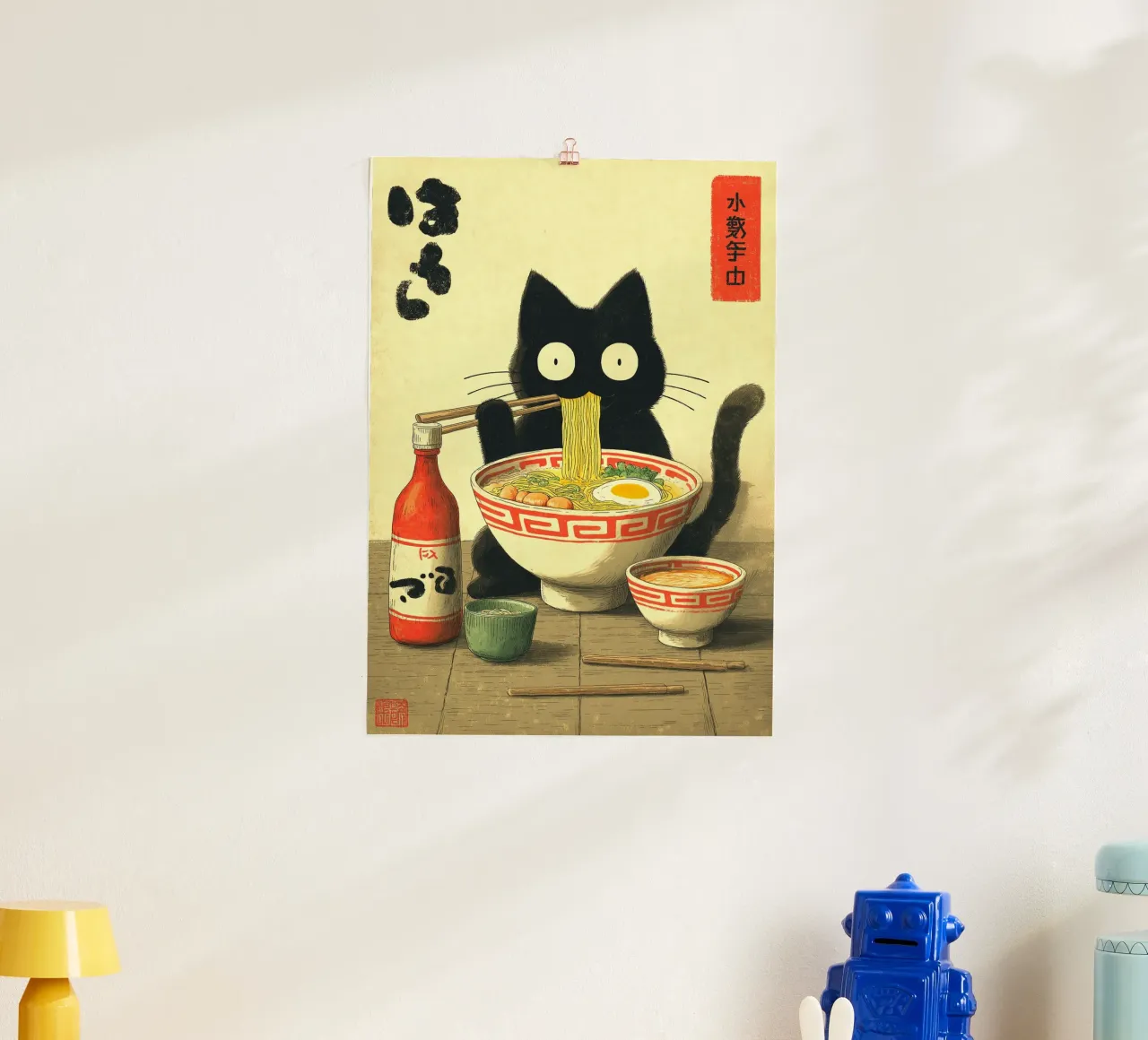 Gatto nero kawaii che mangia ramen poster da Cyberpunk Canvas