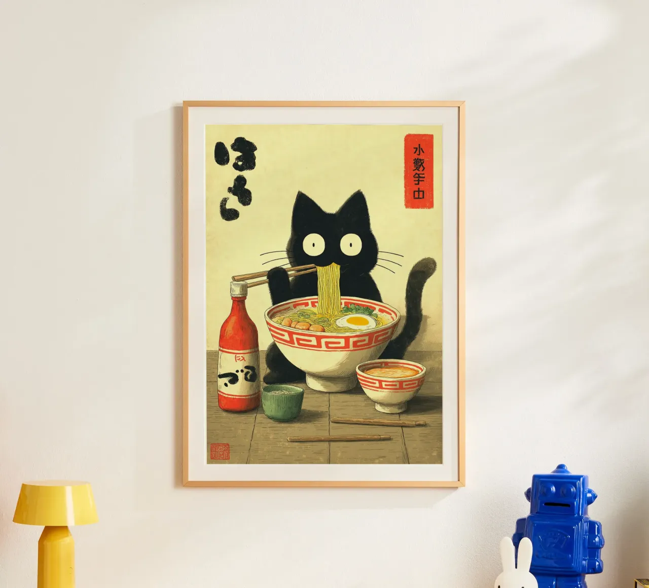 Gatto nero kawaii che mangia ramen poster da Cyberpunk Canvas