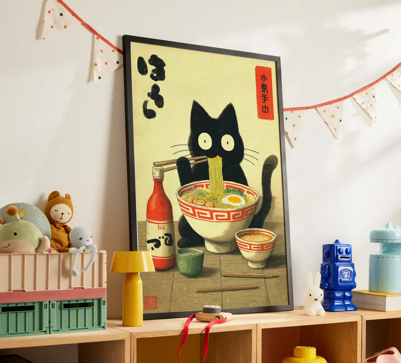 Gatto nero kawaii che mangia ramen poster da Cyberpunk Canvas