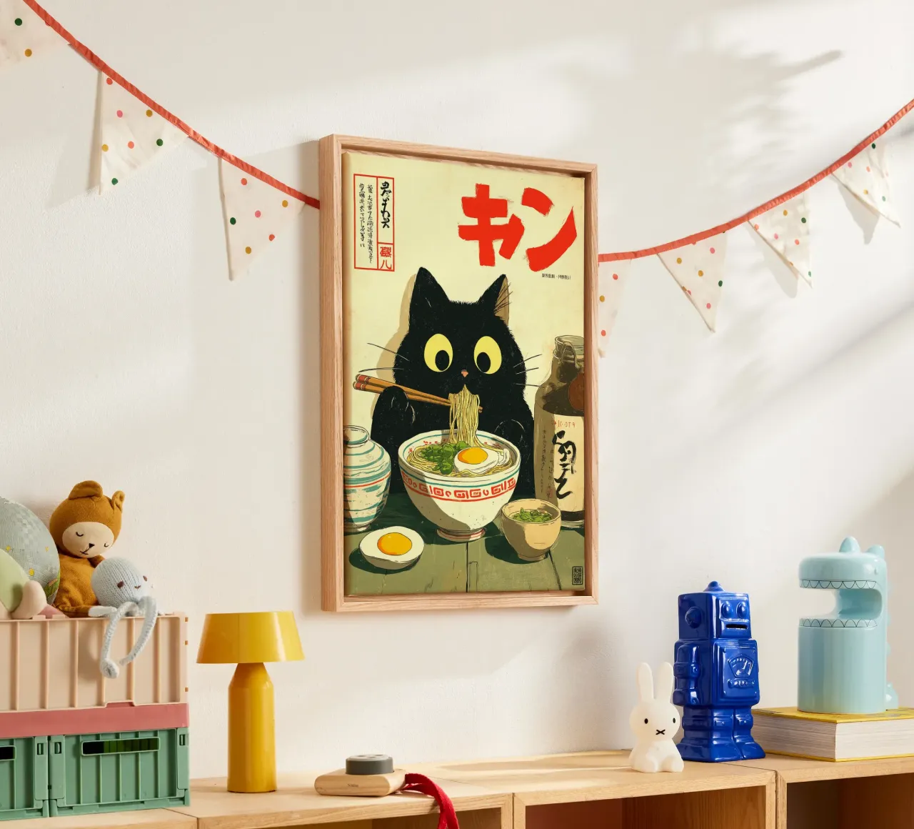 Kawaii zwarte kat die Ramen eet canvas met Baklijst van Cyberpunk Canvas