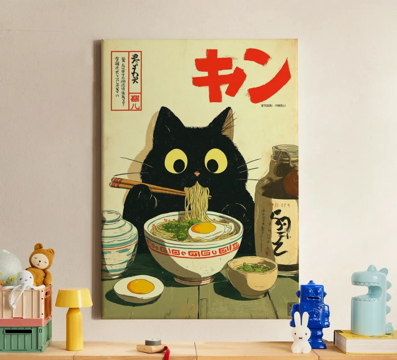 Kawaii zwarte kat die Ramen eet canvas met Baklijst van Cyberpunk Canvas