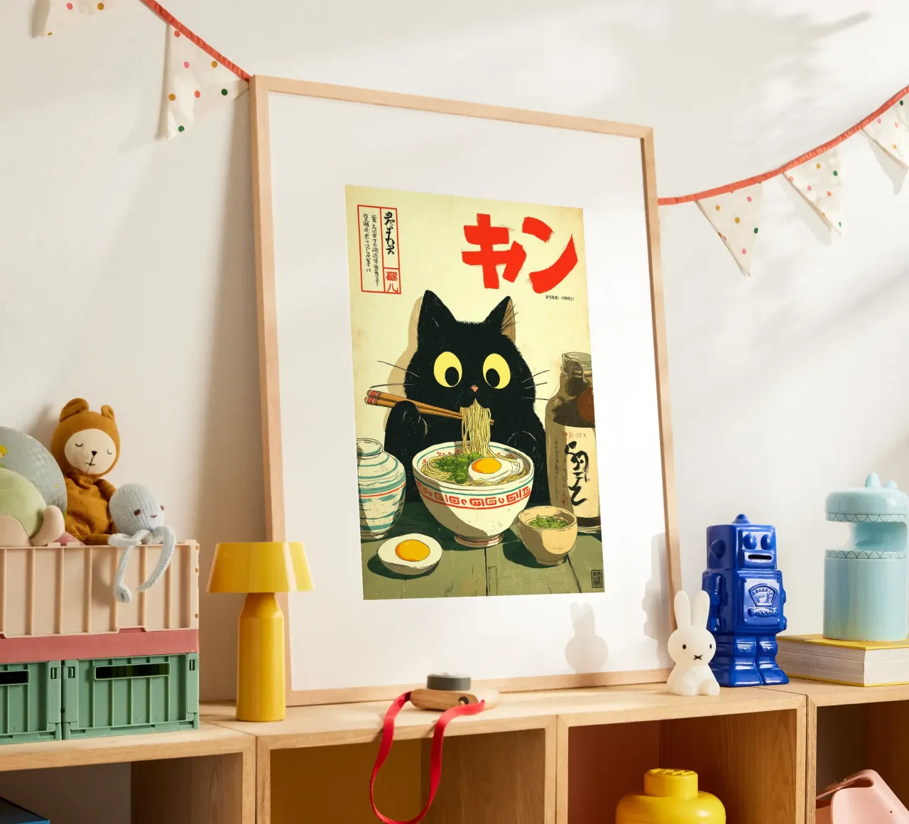 Gatto nero kawaii che mangia ramen poster da Cyberpunk Canvas