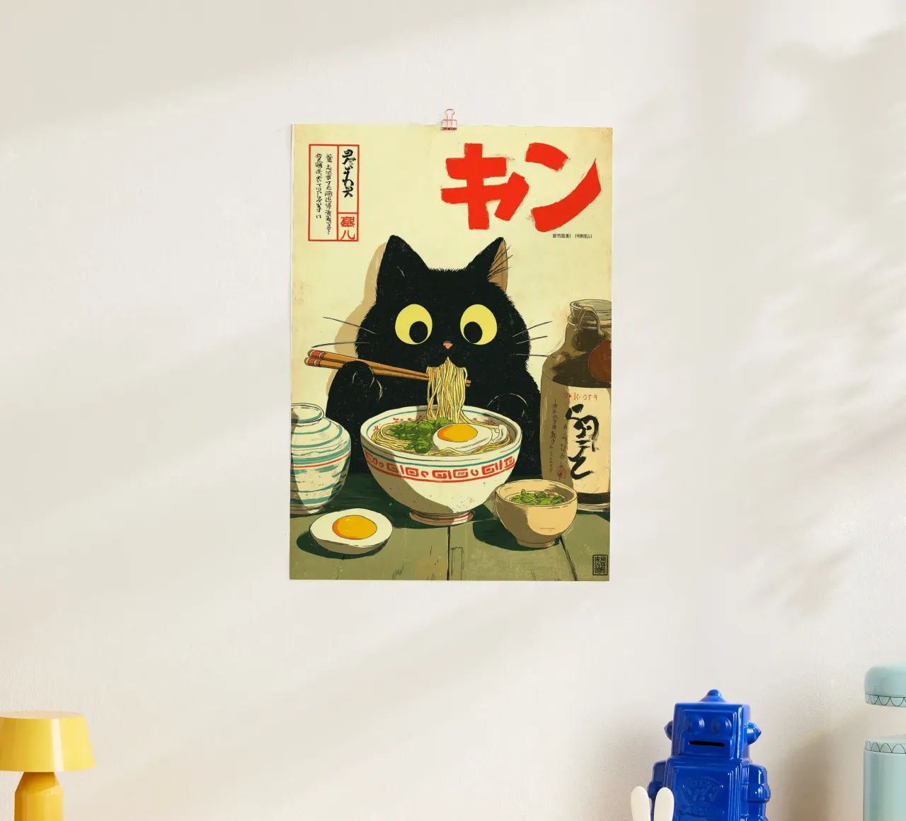 Gatto nero kawaii che mangia ramen poster da Cyberpunk Canvas