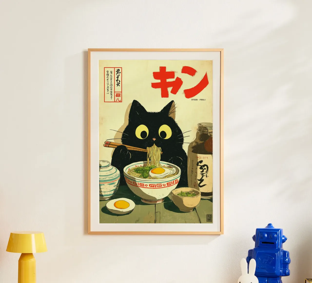 Gatto nero kawaii che mangia ramen poster da Cyberpunk Canvas