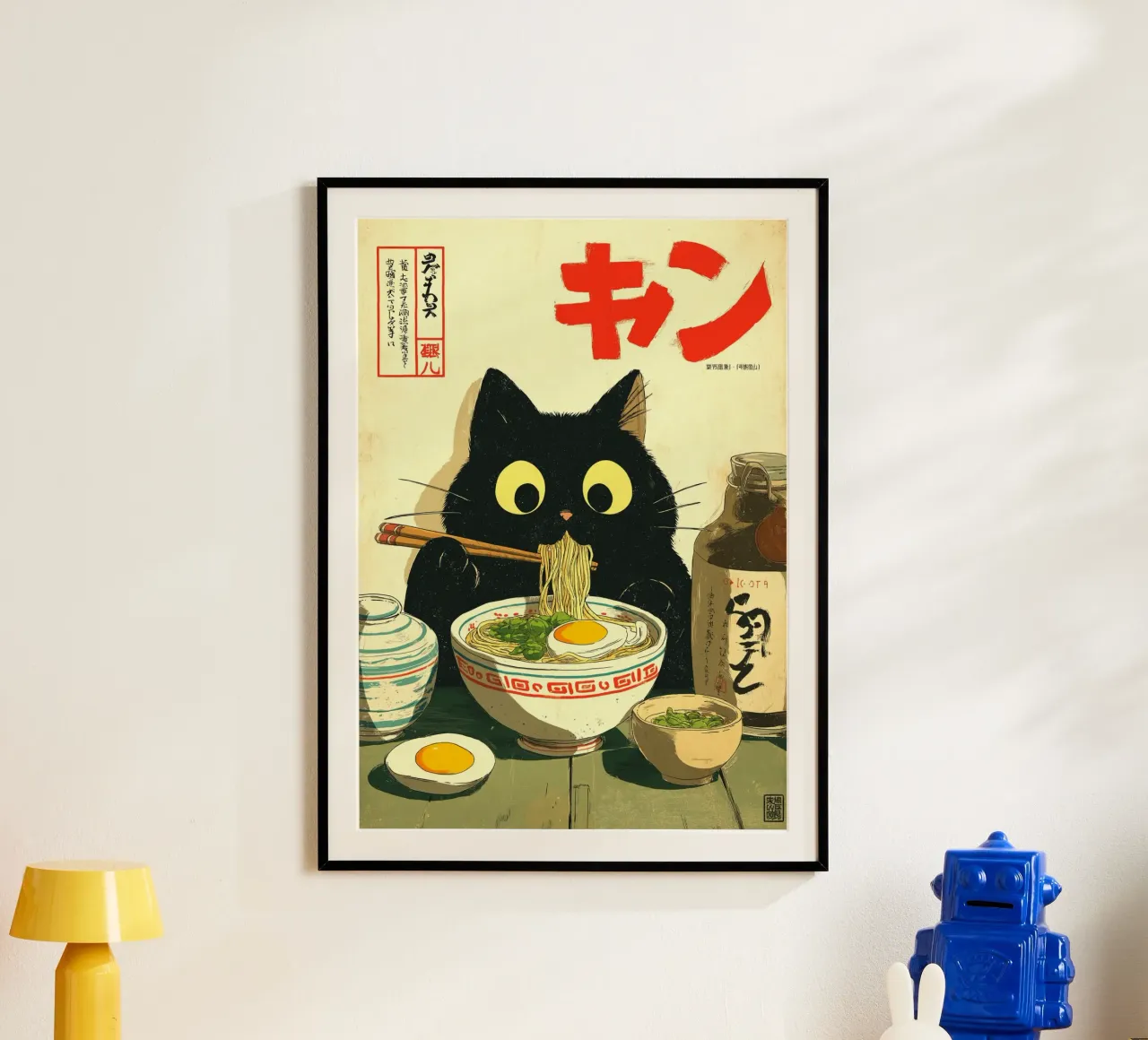 Gatto nero kawaii che mangia ramen poster da Cyberpunk Canvas