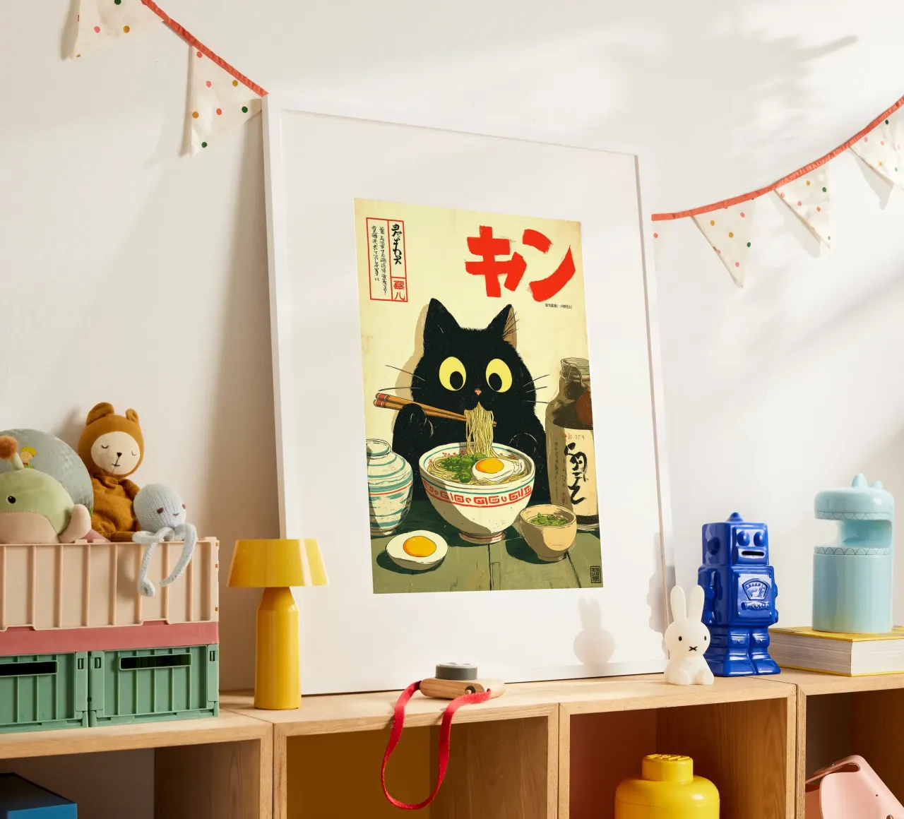 Gatto nero kawaii che mangia ramen poster da Cyberpunk Canvas