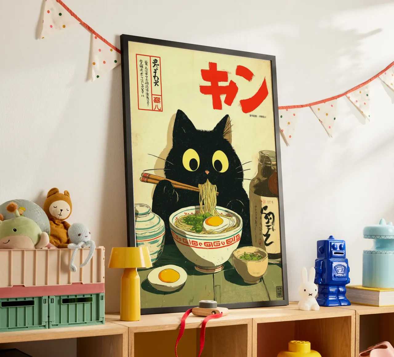Gatto nero kawaii che mangia ramen poster da Cyberpunk Canvas