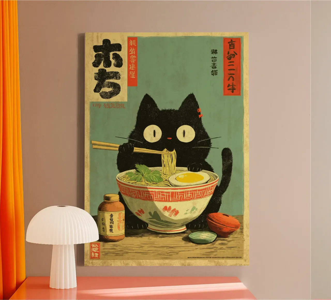 Chat noir kawaii mangeant des ramen toile avec Caisse américaine de Cyberpunk Canvas
