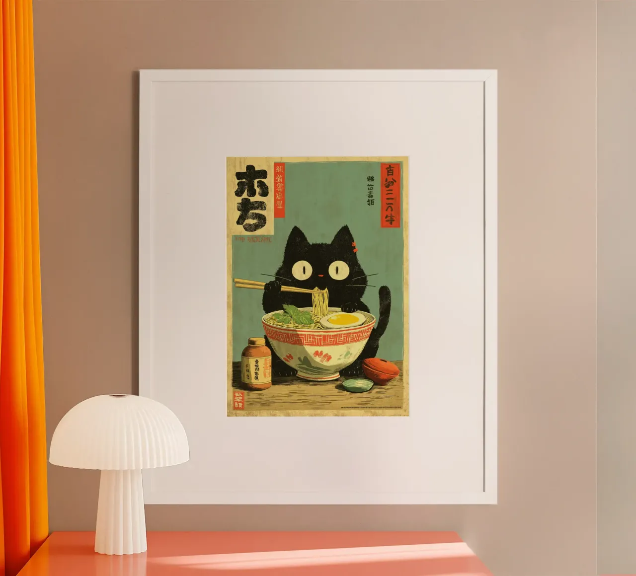 Gatto nero kawaii che mangia ramen poster da Cyberpunk Canvas
