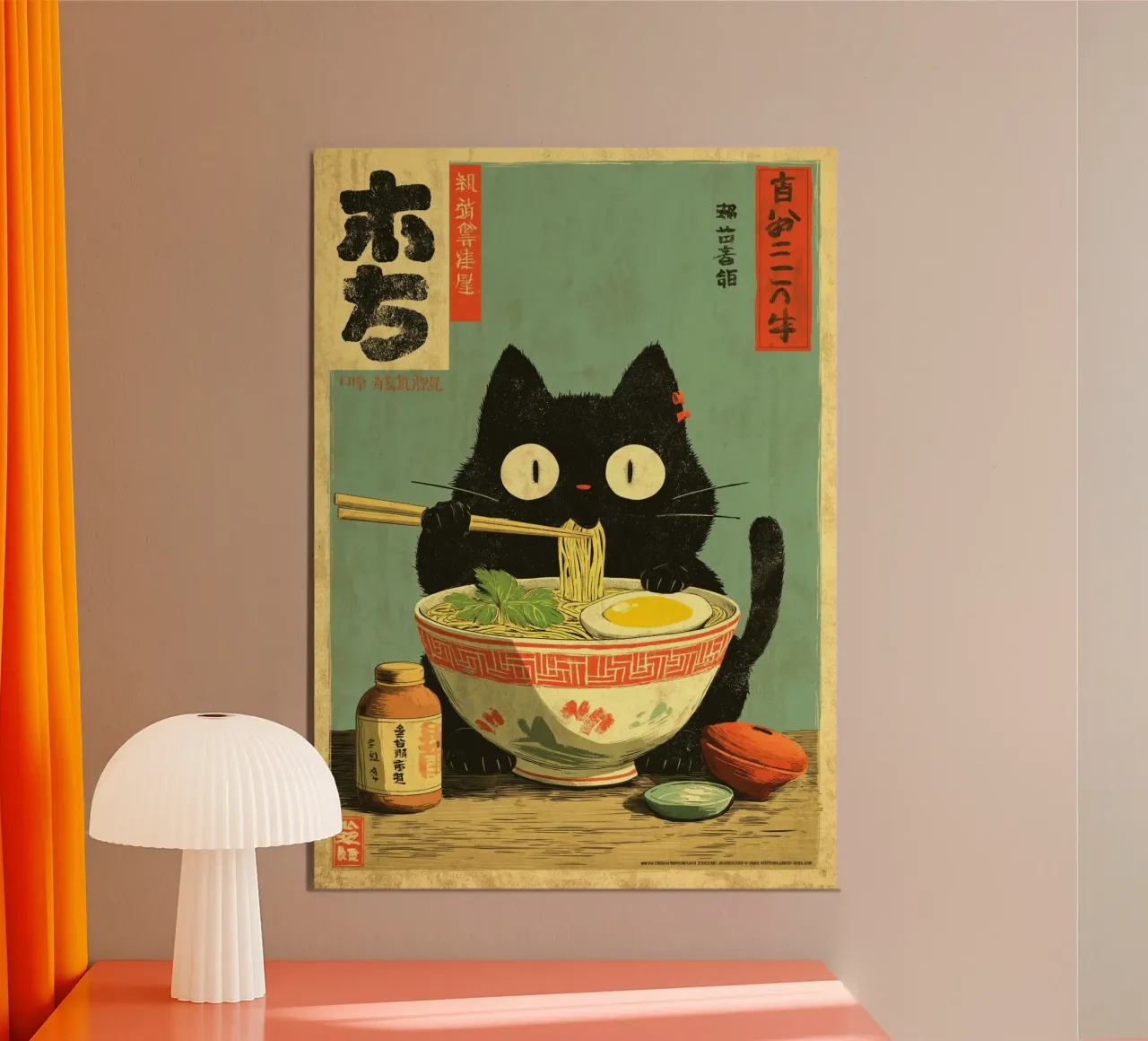 Gatto nero kawaii che mangia ramen poster da Cyberpunk Canvas