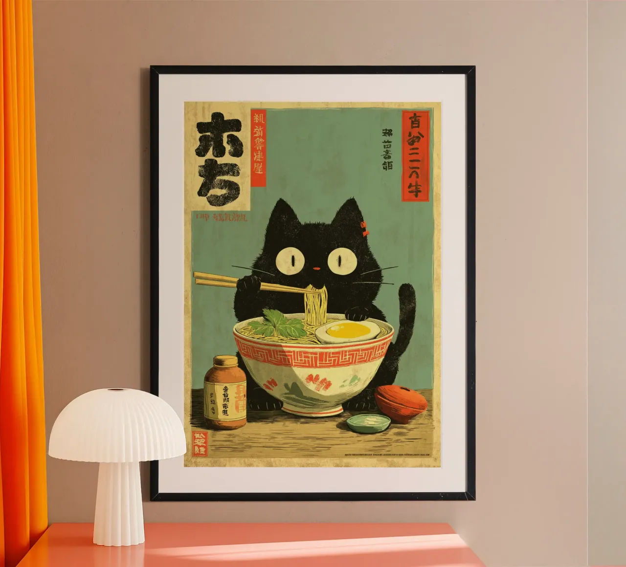 Gatto nero kawaii che mangia ramen poster da Cyberpunk Canvas