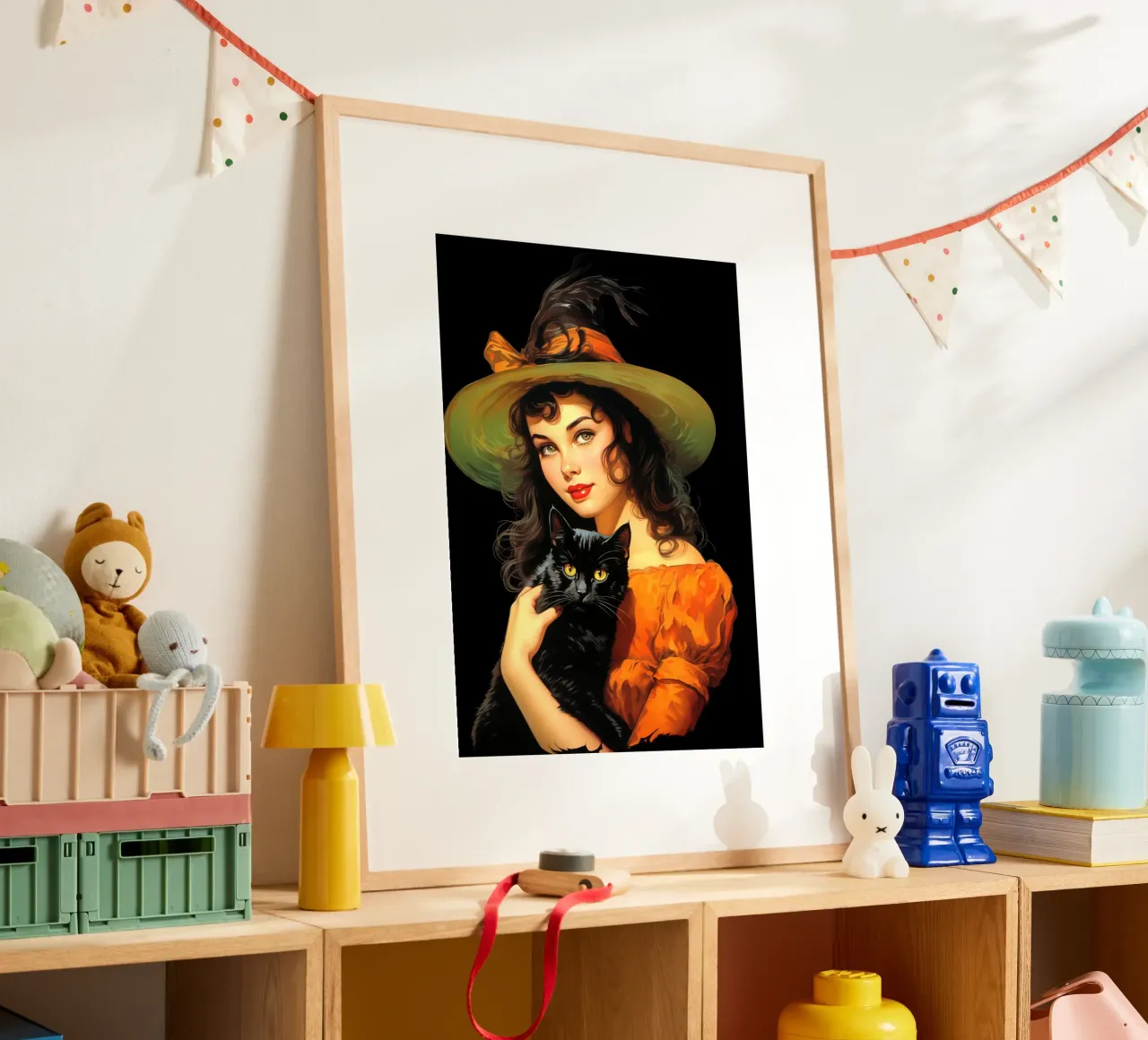 Ragazza strega e gatto nero di Halloween vintage poster con telaio in legno da Cyberpunk Canvas