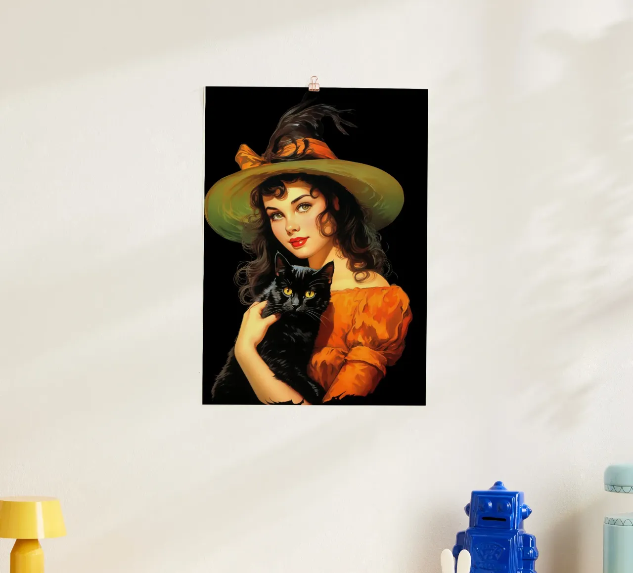 Ragazza strega e gatto nero di Halloween vintage poster con telaio in legno da Cyberpunk Canvas