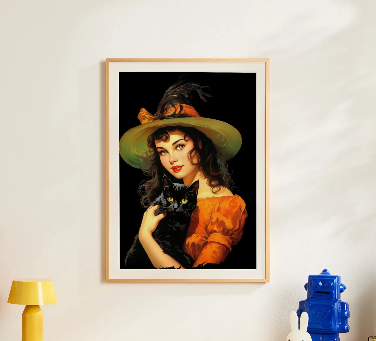 Ragazza strega e gatto nero di Halloween vintage poster con telaio in legno da Cyberpunk Canvas