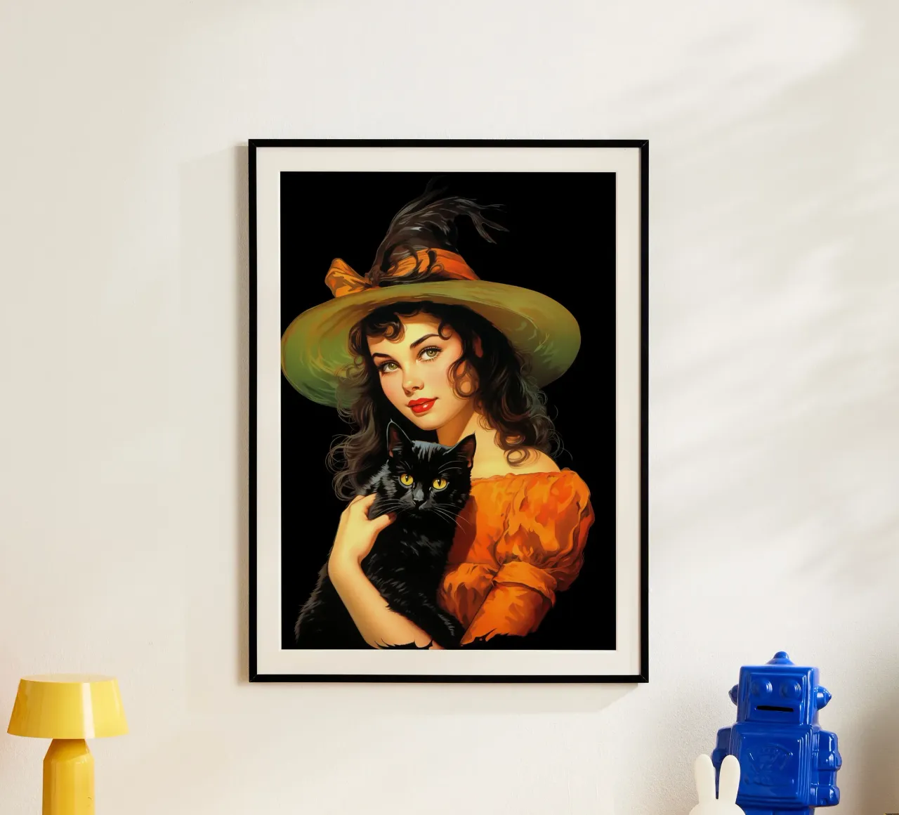 Ragazza strega e gatto nero di Halloween vintage poster con telaio in legno da Cyberpunk Canvas