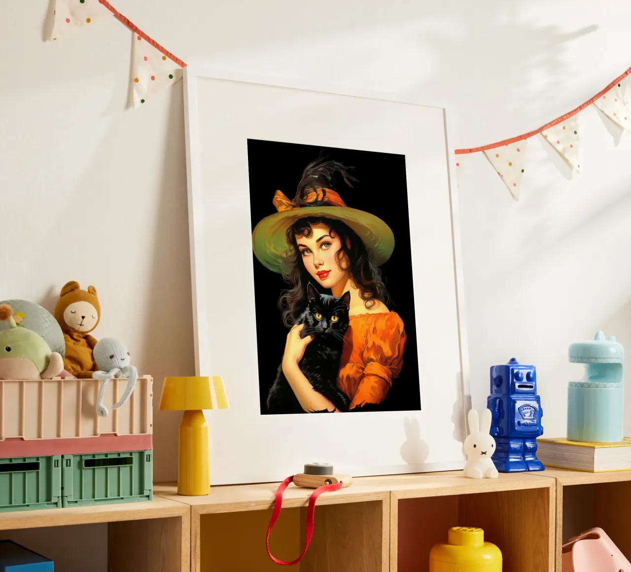 Ragazza strega e gatto nero di Halloween vintage poster con telaio in legno da Cyberpunk Canvas