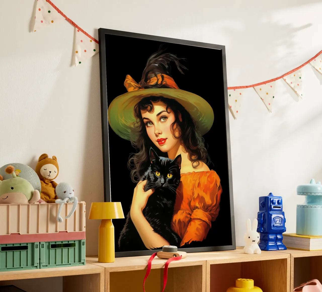 Ragazza strega e gatto nero di Halloween vintage poster con telaio in legno da Cyberpunk Canvas