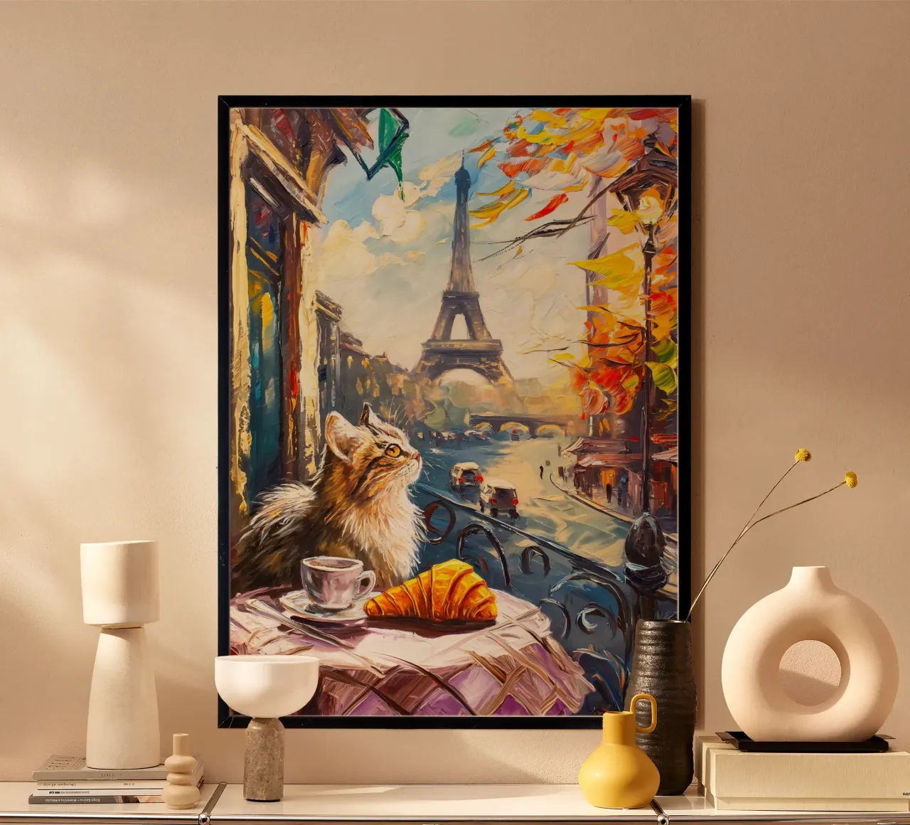 Gatto parigino con croissant e caffè poster con telaio in plastica da Cyberpunk Canvas