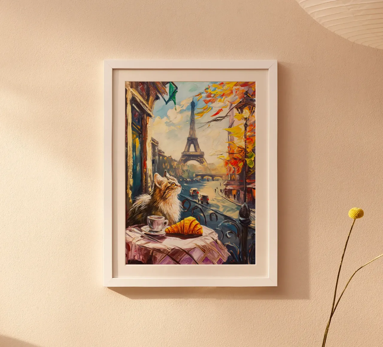 Gatto parigino con croissant e caffè poster con telaio in plastica da Cyberpunk Canvas