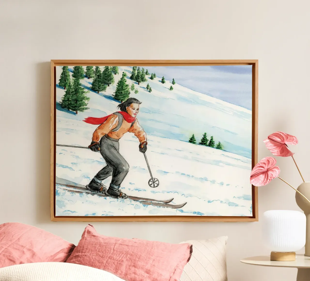 Abfahrtsläuferin Leinwand mit Schattenfugenrahmen von Wallace