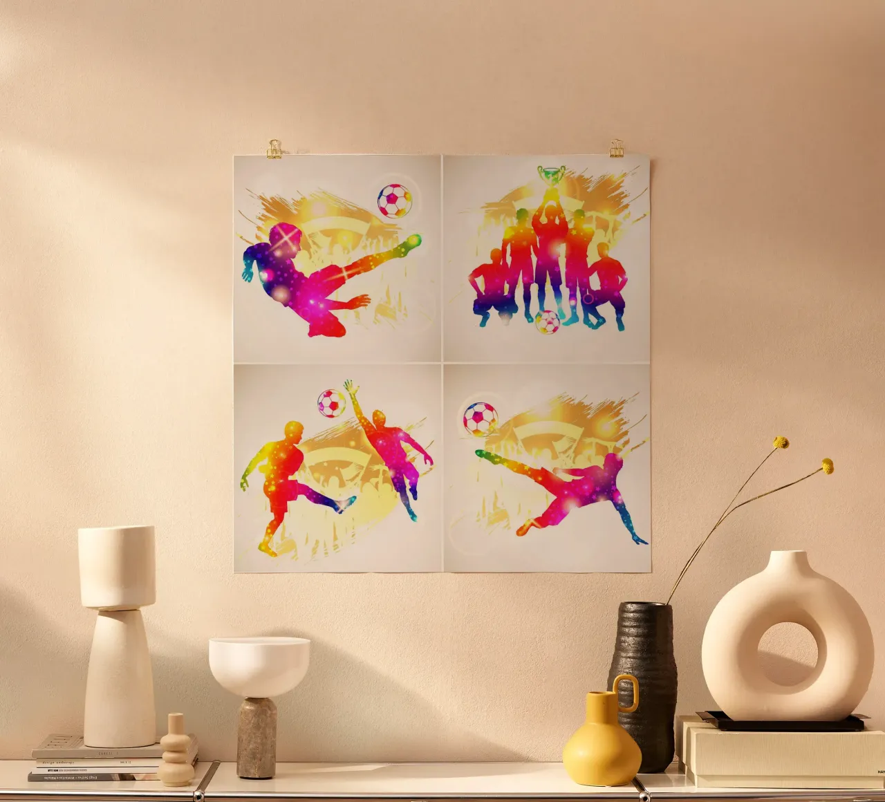 Il calciatore in quattro parti poster con telaio in alluminio da Jose Kautz
